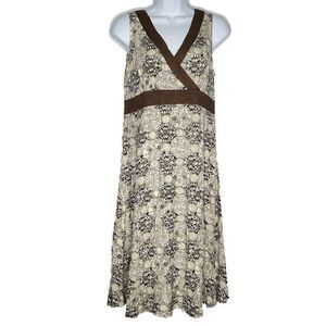 Eddie Bauer Floral Sleeveless Dress 10P Petite V Neck Stretch Knit Brown Yellow